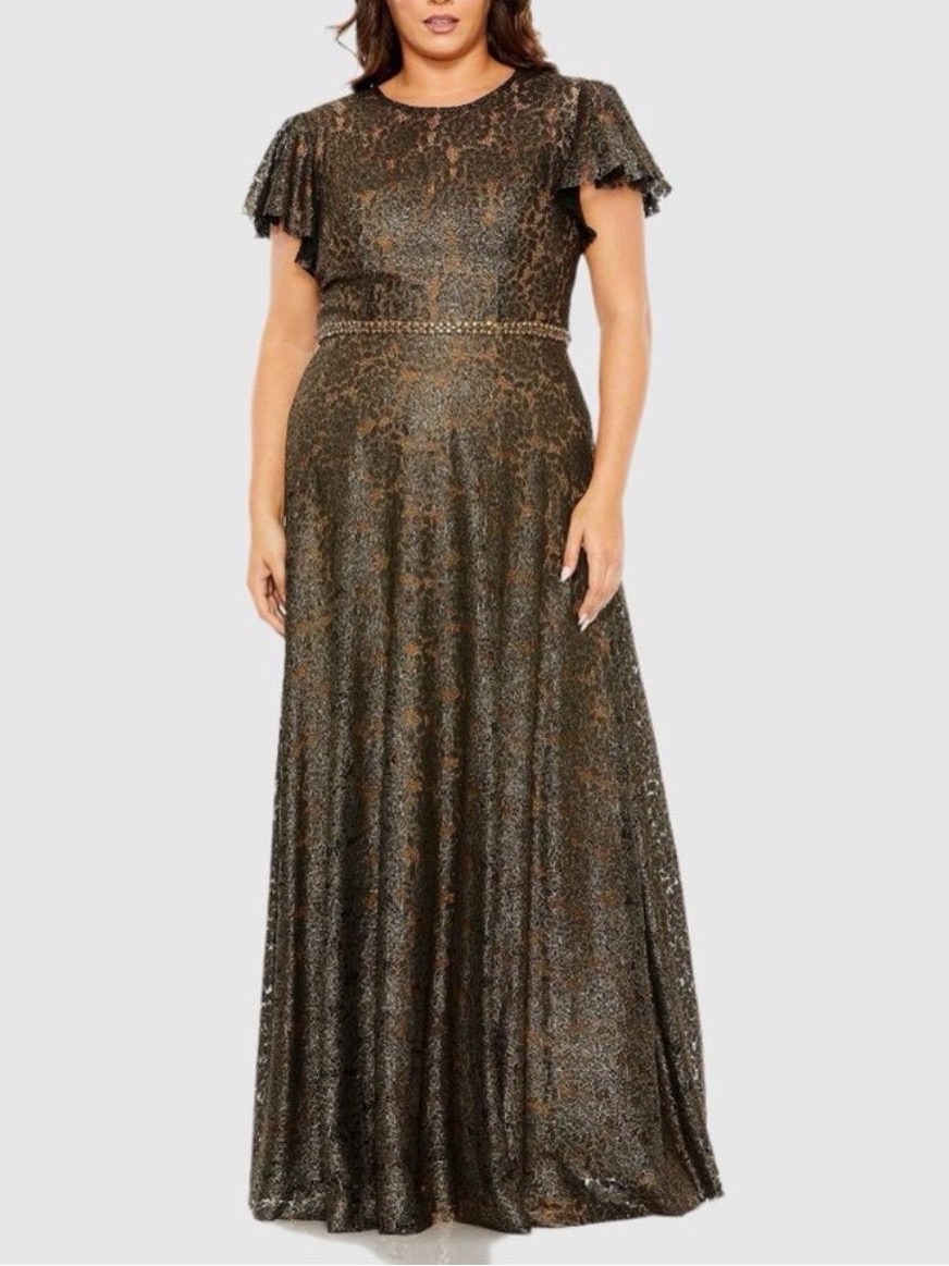 Mac Duggal Black Gold Floral Lace Butterfly Sleeve Beaded Belt Evening Gown